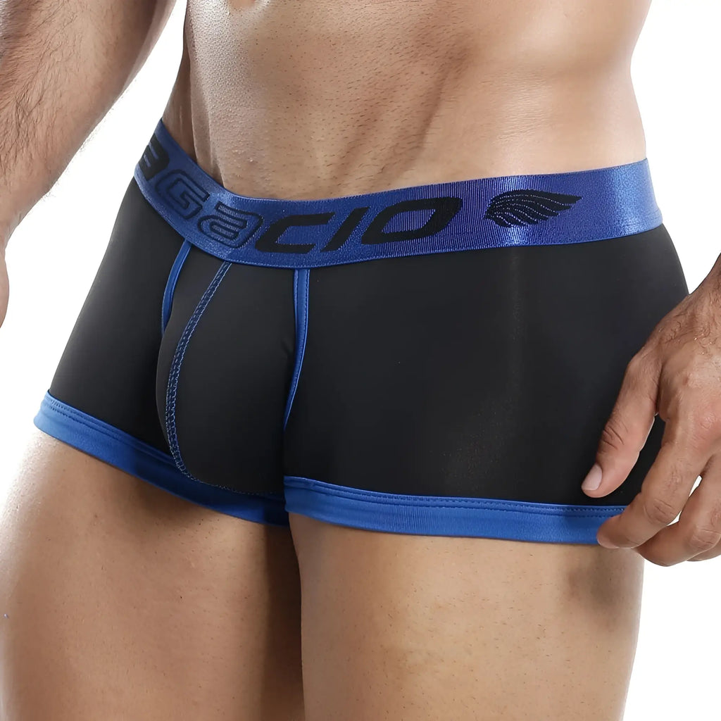 Agacio AGG024 boxer trunk in black and blue with shiny elastic waistband featuring gacio brand name in dark gray letters
