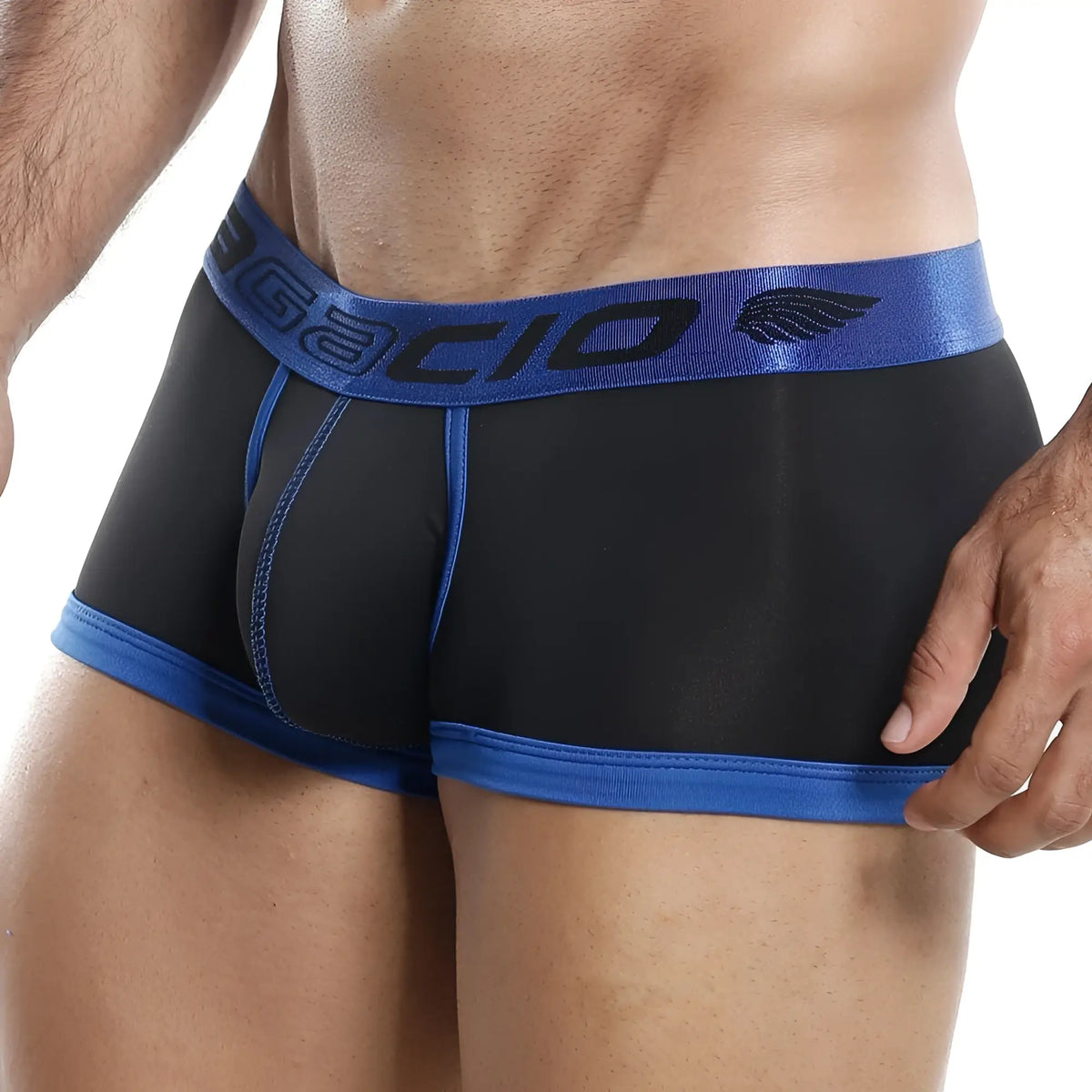 Agacio AGG024 boxer trunk in black and blue with shiny elastic waistband featuring gacio brand name in dark gray letters