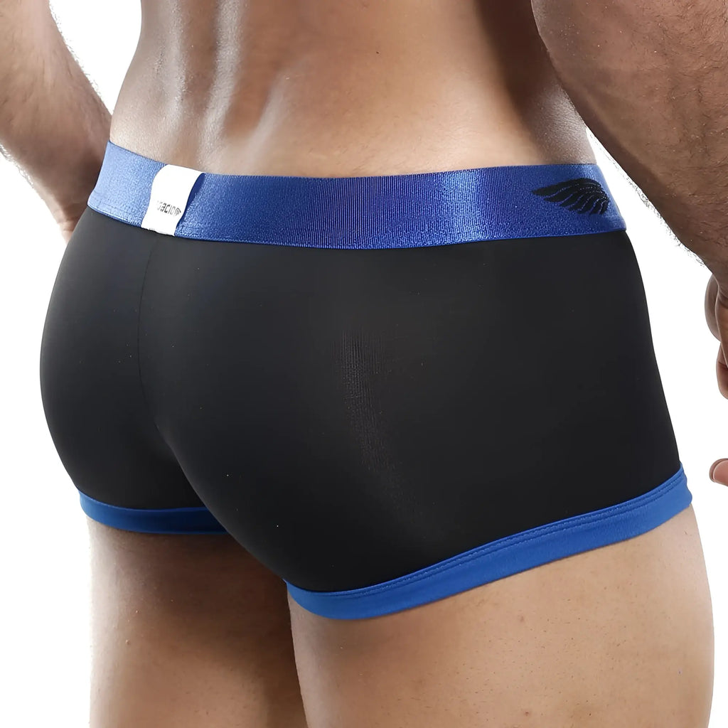 Black agacio agg024 boxer trunk briefs with shiny blue elastic waistband and matching blue trim with black wing logo