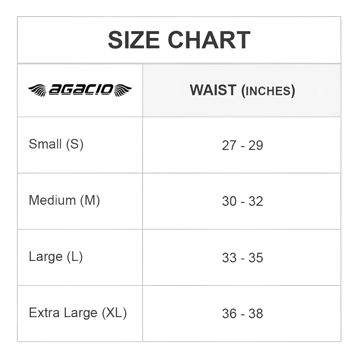Agacio AGG024 boxer trunk size chart showing waist measurements for small medium large and extra large sizes
