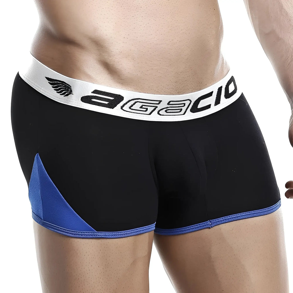 Black and blue agacio agg037 boxer trunk briefs with white waistband and brand logo in comfortable fabric