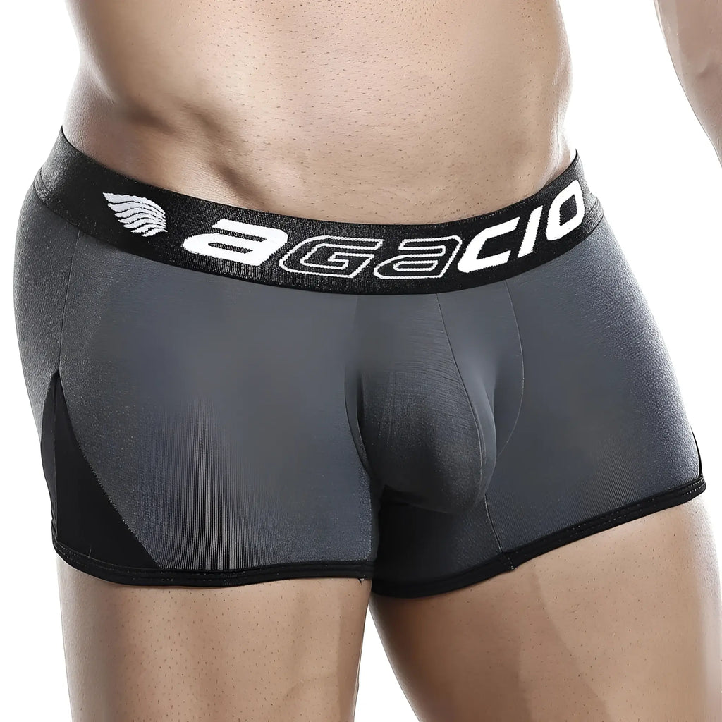 Gray and black agacio AGG037 boxer trunk with textured fabric waistband featuring the brand logo in front view