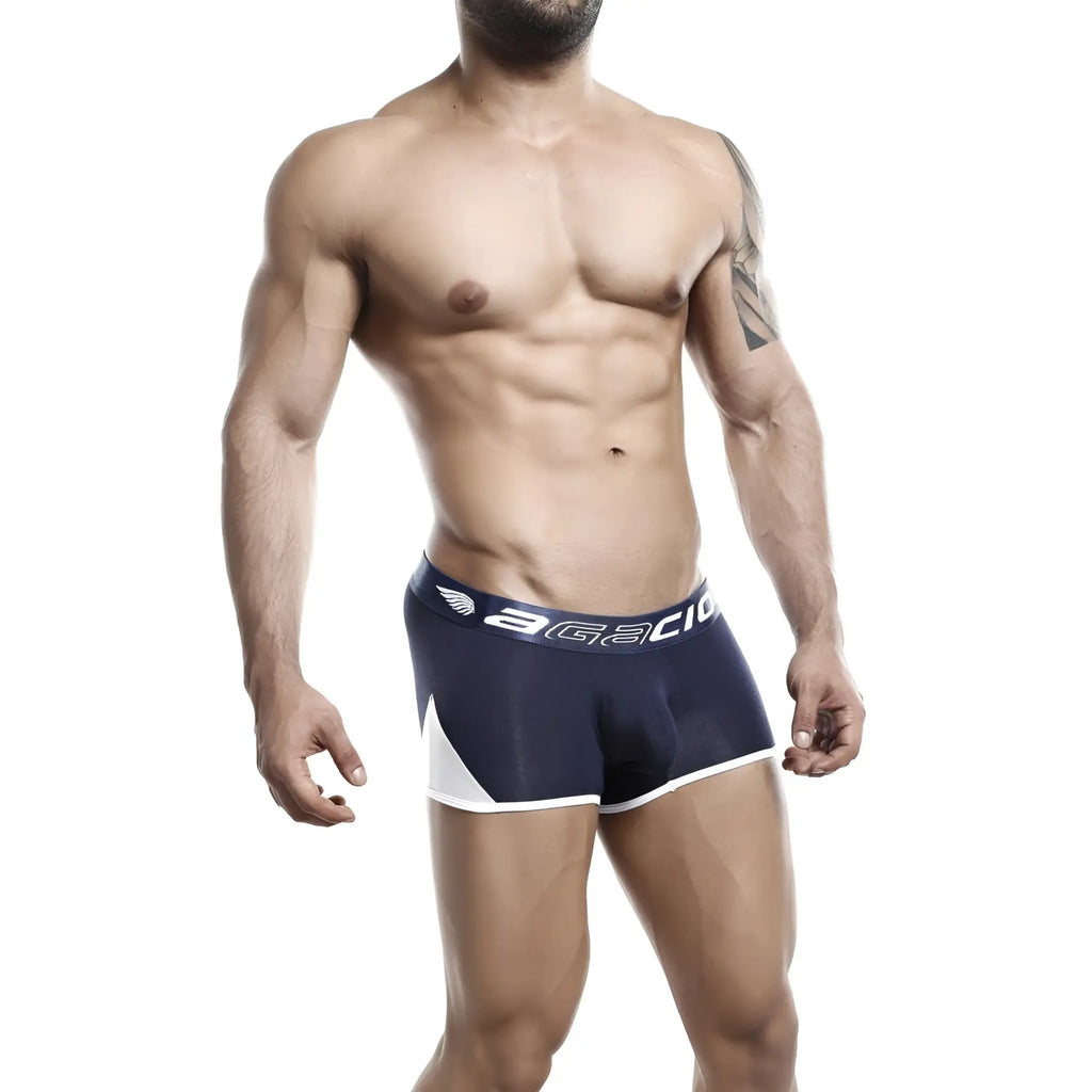 Navy blue and white agacio agg037 boxer trunk in sleek athletic briefs design with logo waistband for active wear