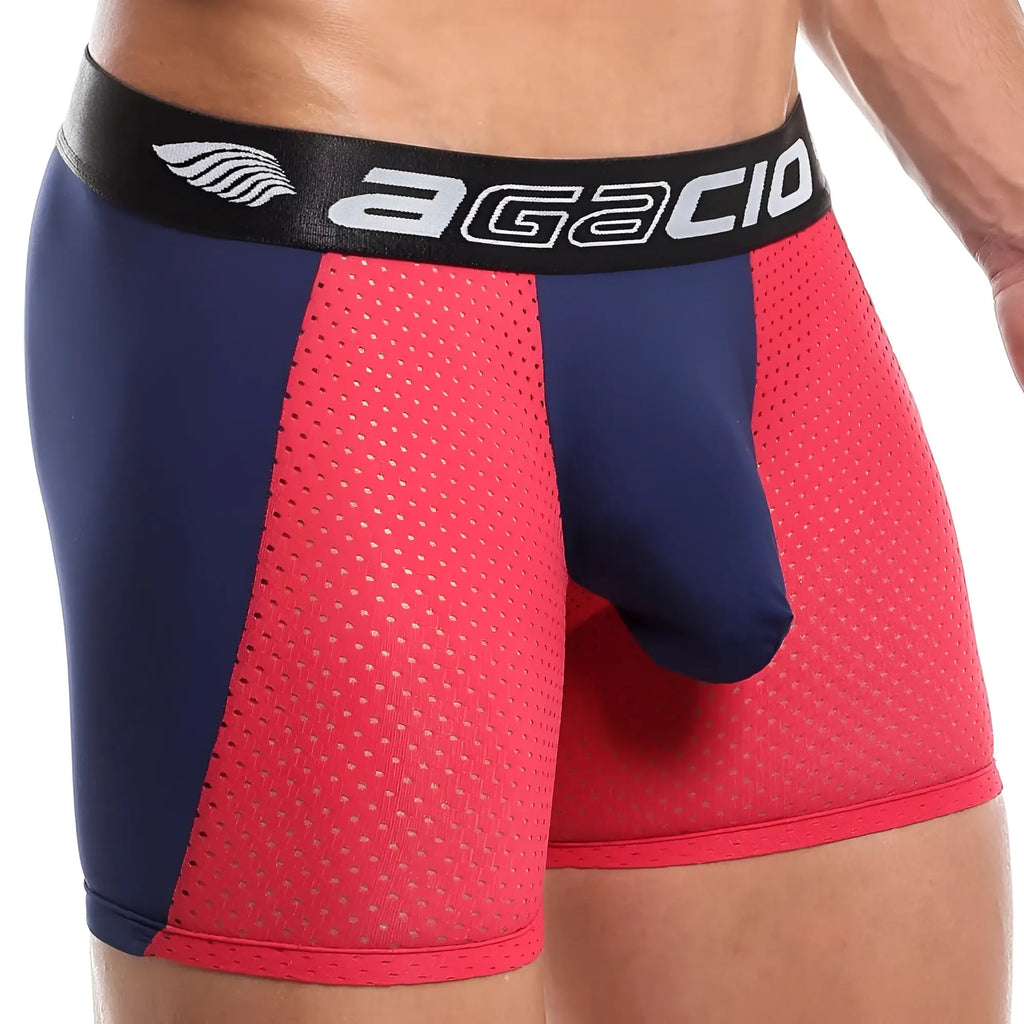 Navy blue and bright pink agacio AGG039 boxer trunk with black waistband and white logo for athletic use