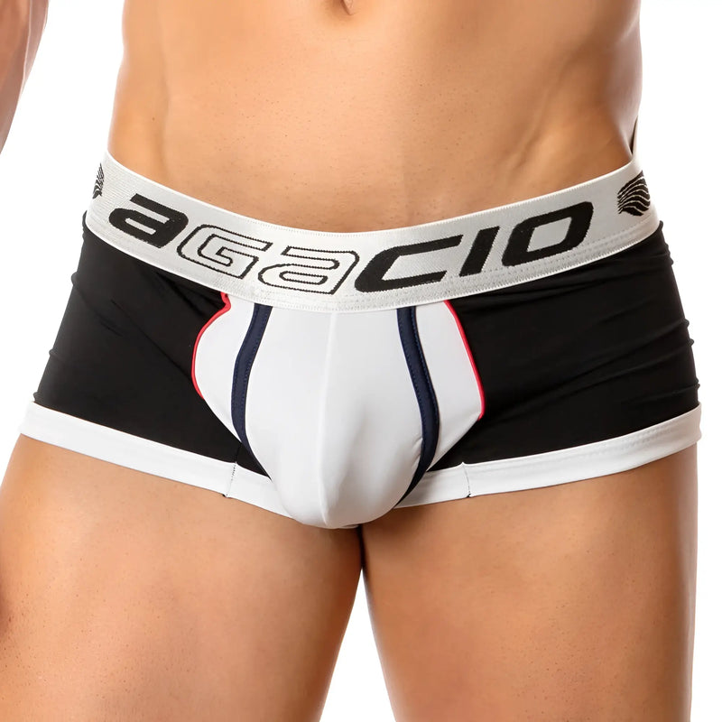 Agacio AGG041 spatial trunk menâ€™s briefs in black white and navy blue with bold striped design