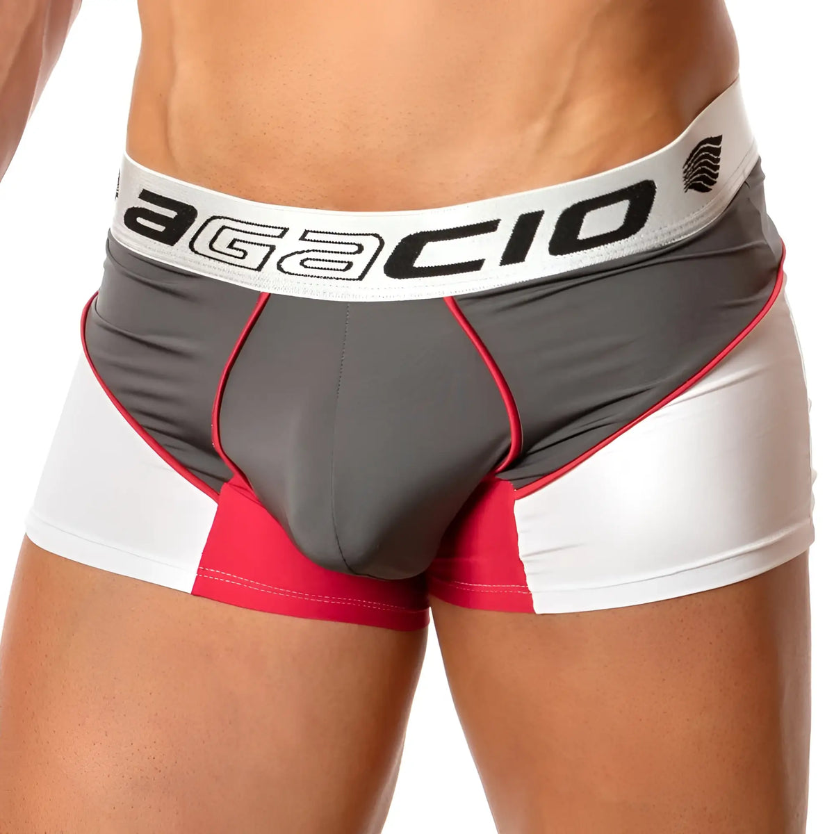 Agacio agg042 boxer trunk gray and white athletic briefs with red trim and branded elastic waistband