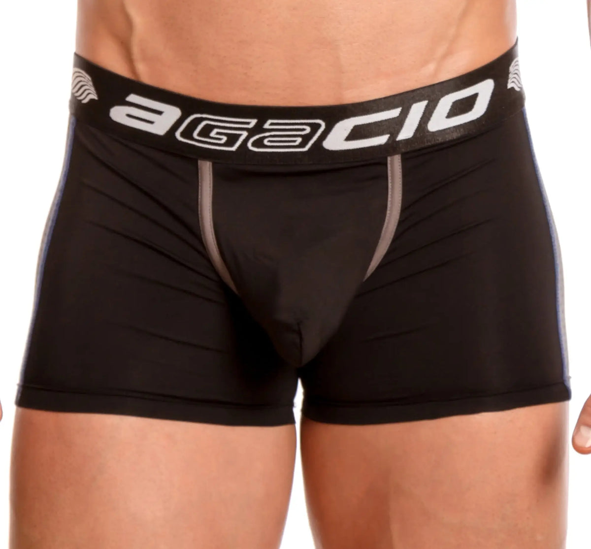 Black Agacio AGG044 mesh panel boxer briefs with gray side panels and white logo on waistband