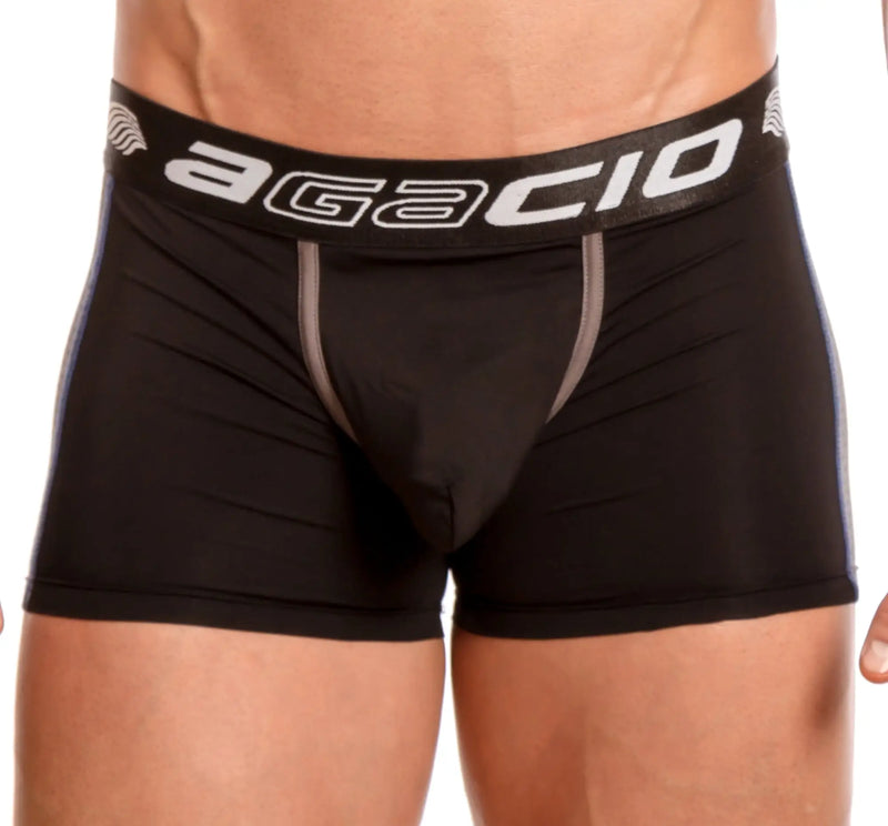 Black Agacio AGG044 mesh panel boxer briefs with gray side panels and white logo on waistband