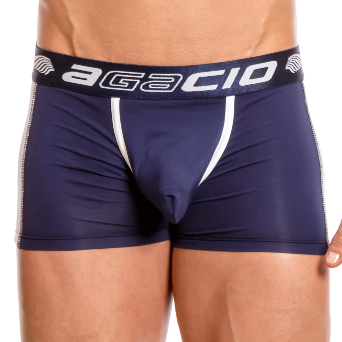 Navy blue agacio agg044 mesh panel menâ€™s boxer briefs with white trim and side panels showing front view