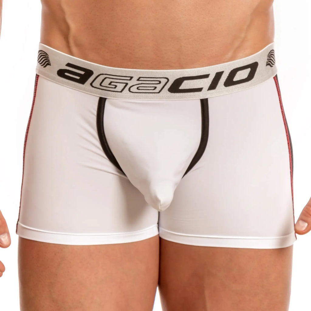 White agacio menâ€™s mesh panel boxer briefs with black trim and red side stripes for comfortable support