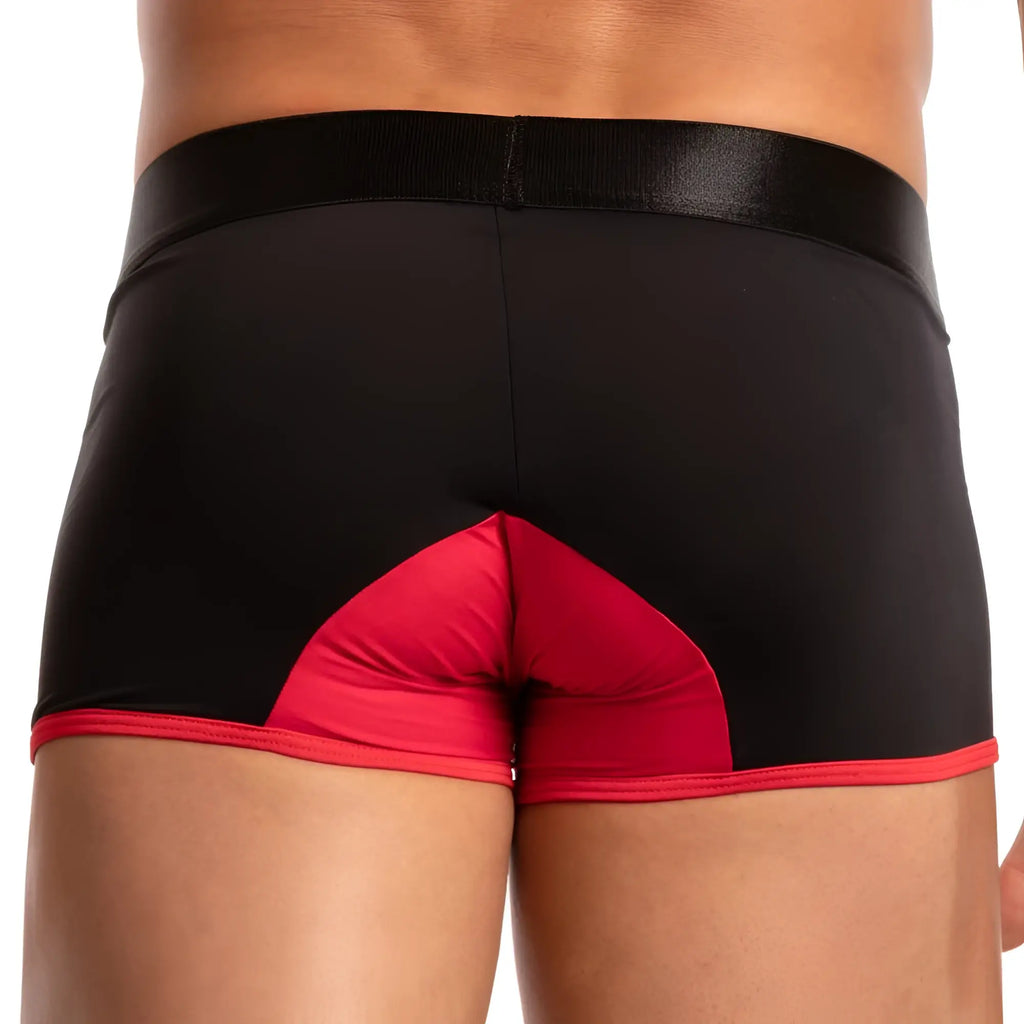 Black and red agacio agg047 boxer trunk briefs with shiny black waistband designed for athletic use
