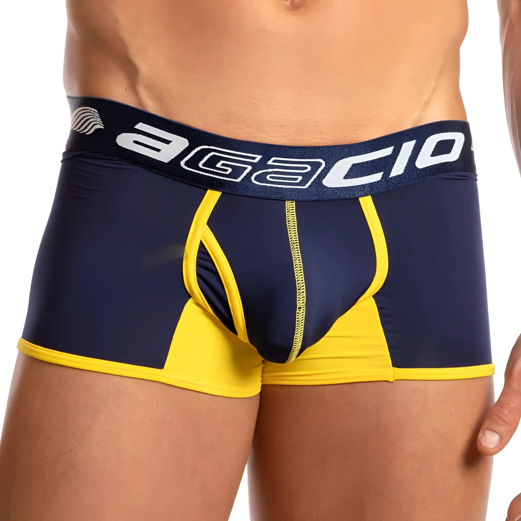 Navy blue and yellow agacio AGG047 menâ€™s boxer trunk with contoured design and contrasting stitching