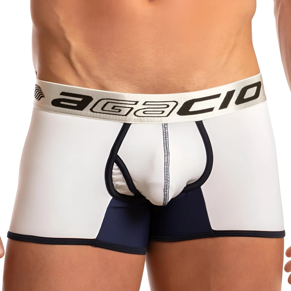 White and navy blue agacio agg047 boxer trunk briefs with black logo on elastic waistband for comfortable wear