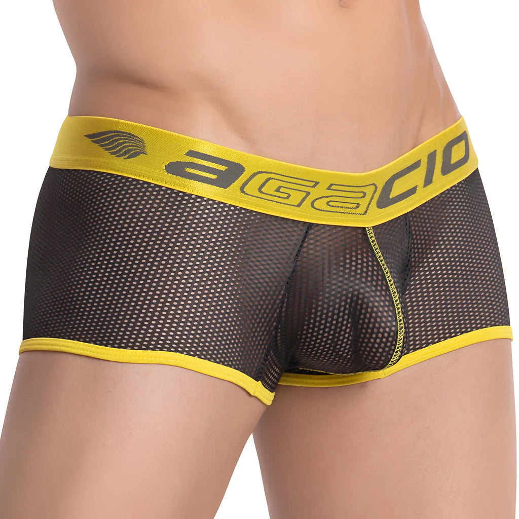 Agacio AGG053 boxer trunk black mesh briefs with bold yellow waistband and gray agacio logo trim