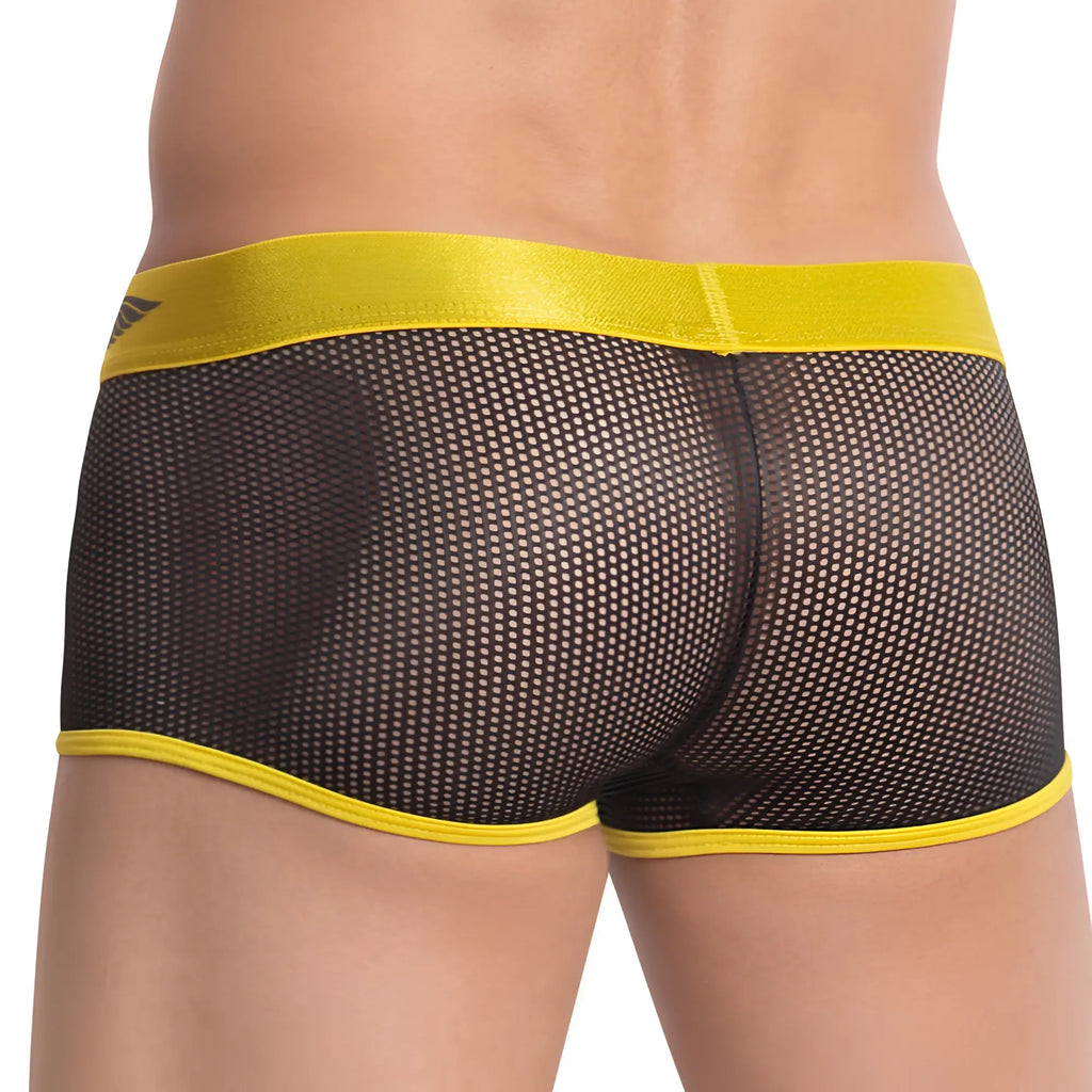Black mesh briefs with shiny yellow waistband and trim from agacio agg053 boxer trunk collection