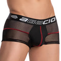 Agacio agg058 boxer trunk black mesh briefs with red trim and black waistband featuring agacio logo in white lettering