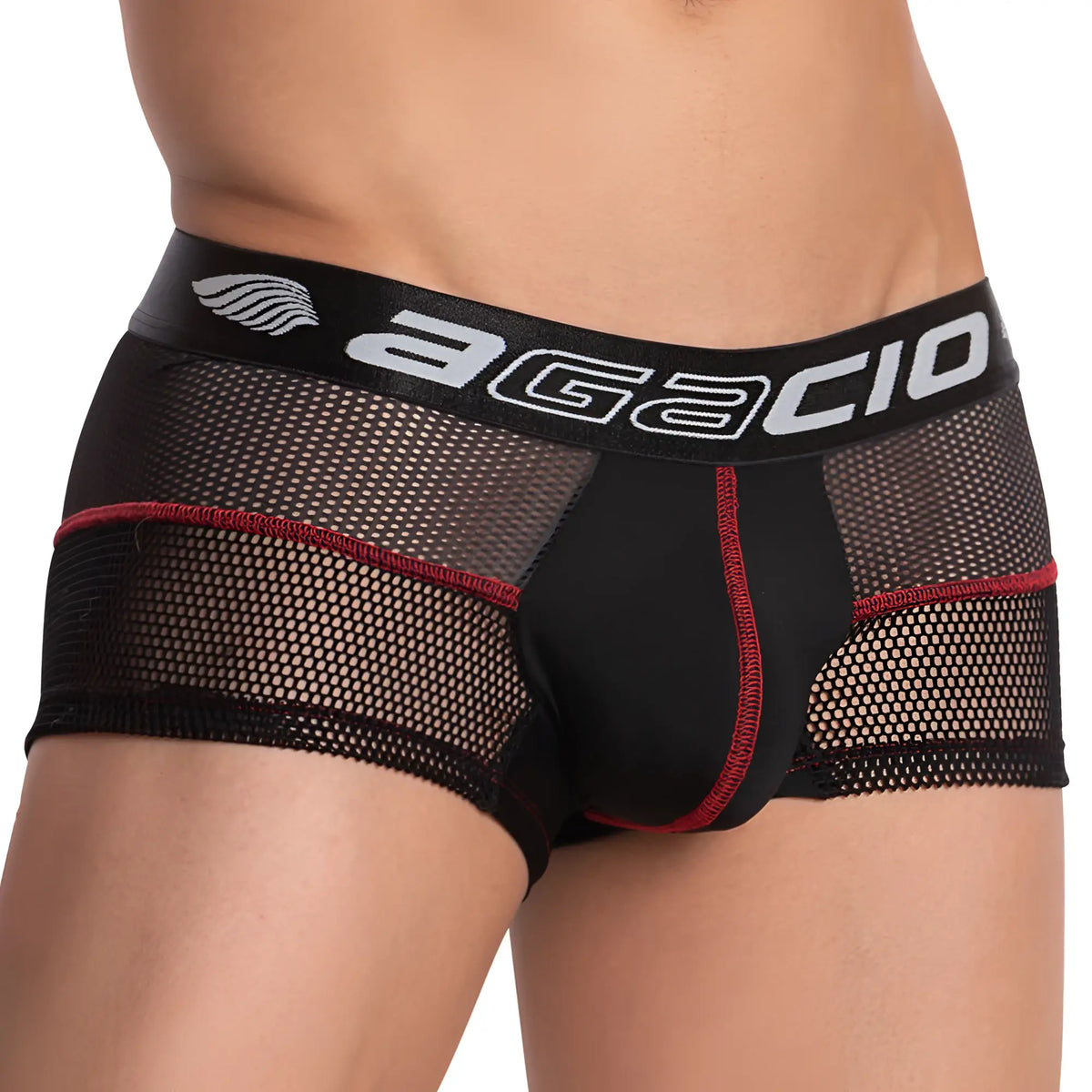 Agacio agg058 boxer trunk black mesh briefs with red trim and black waistband featuring agacio logo in white lettering