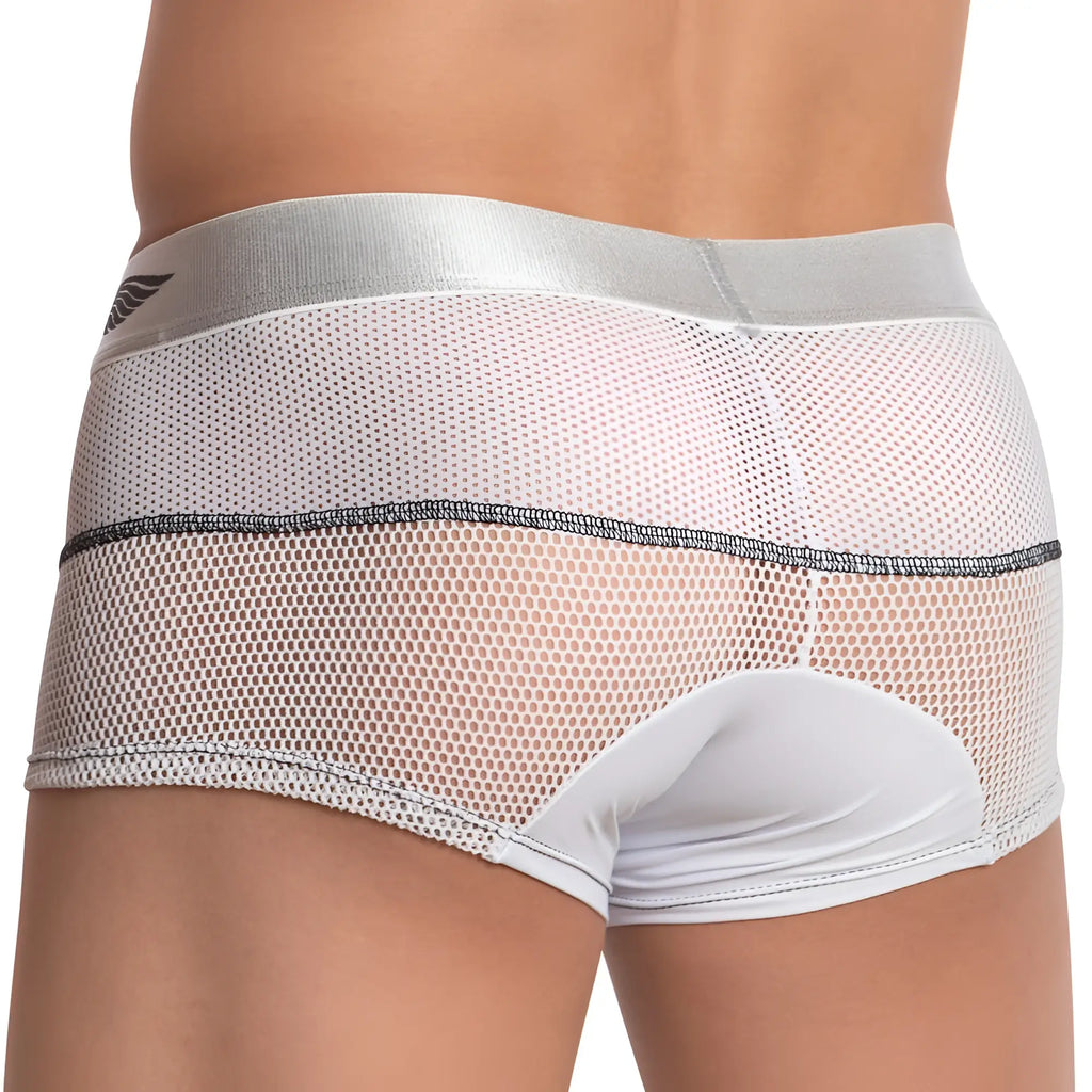 Agacio AGG058 white mesh boxer trunk briefs with silver elastic waistband and black stitching details