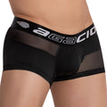 Black agacio agg059 boxer trunk menâ€™s briefs with mesh panels and white logo on waistband front view