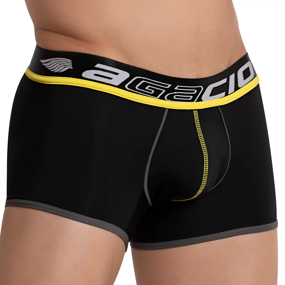 Black agacio AGG060 menâ€™s boxer briefs with bold yellow and gray trim featuring the brand logo on the waistband