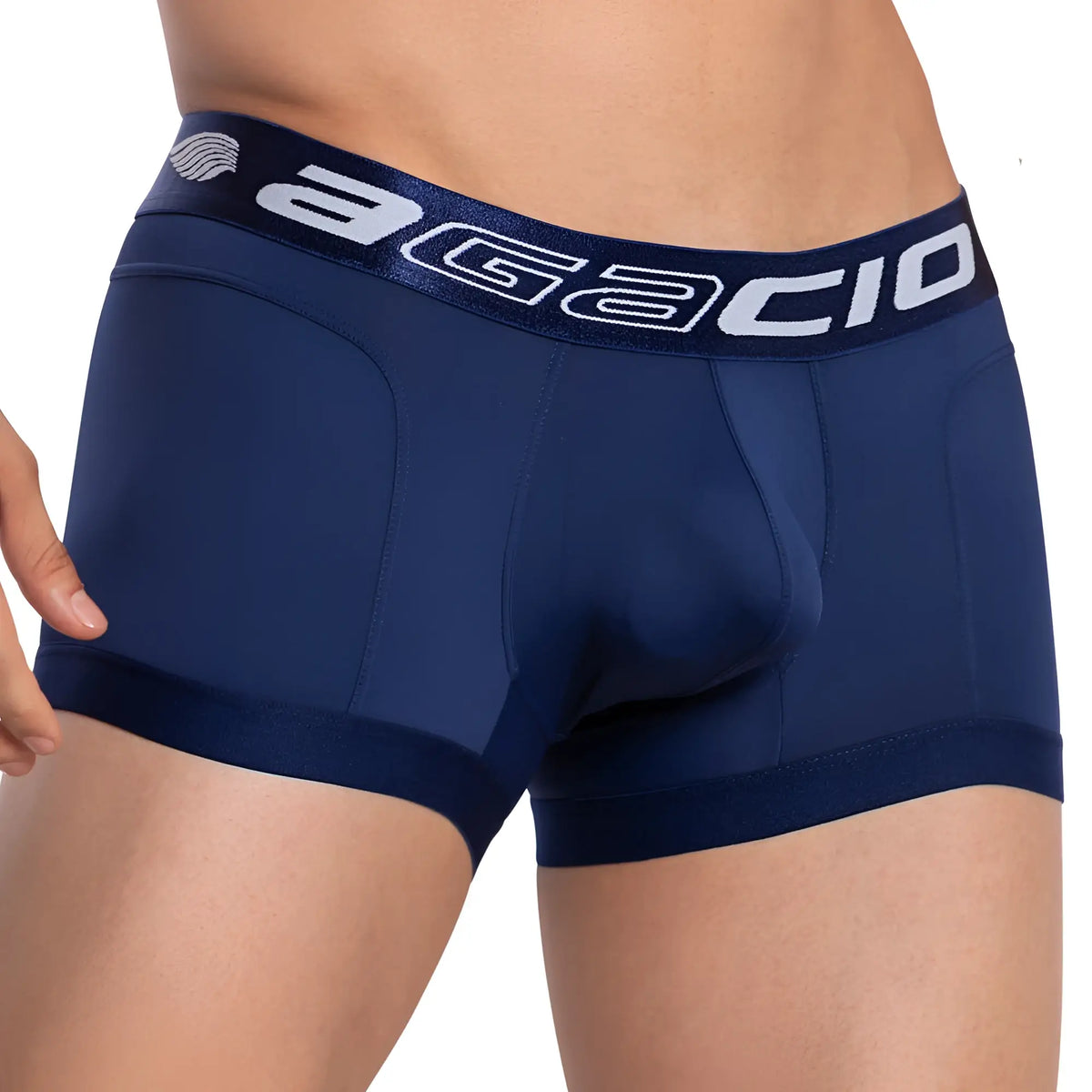 Navy blue agacio AGG061 Armor boxer trunk briefs with smooth form-fitting fabric and white logo trim front view