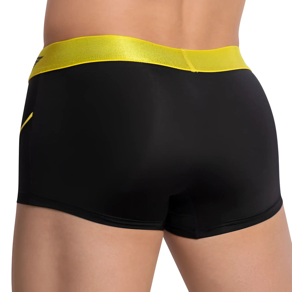 Black briefs agacio agg062 pouch boxer trunk with bright yellow elastic waistband and matching side stripe