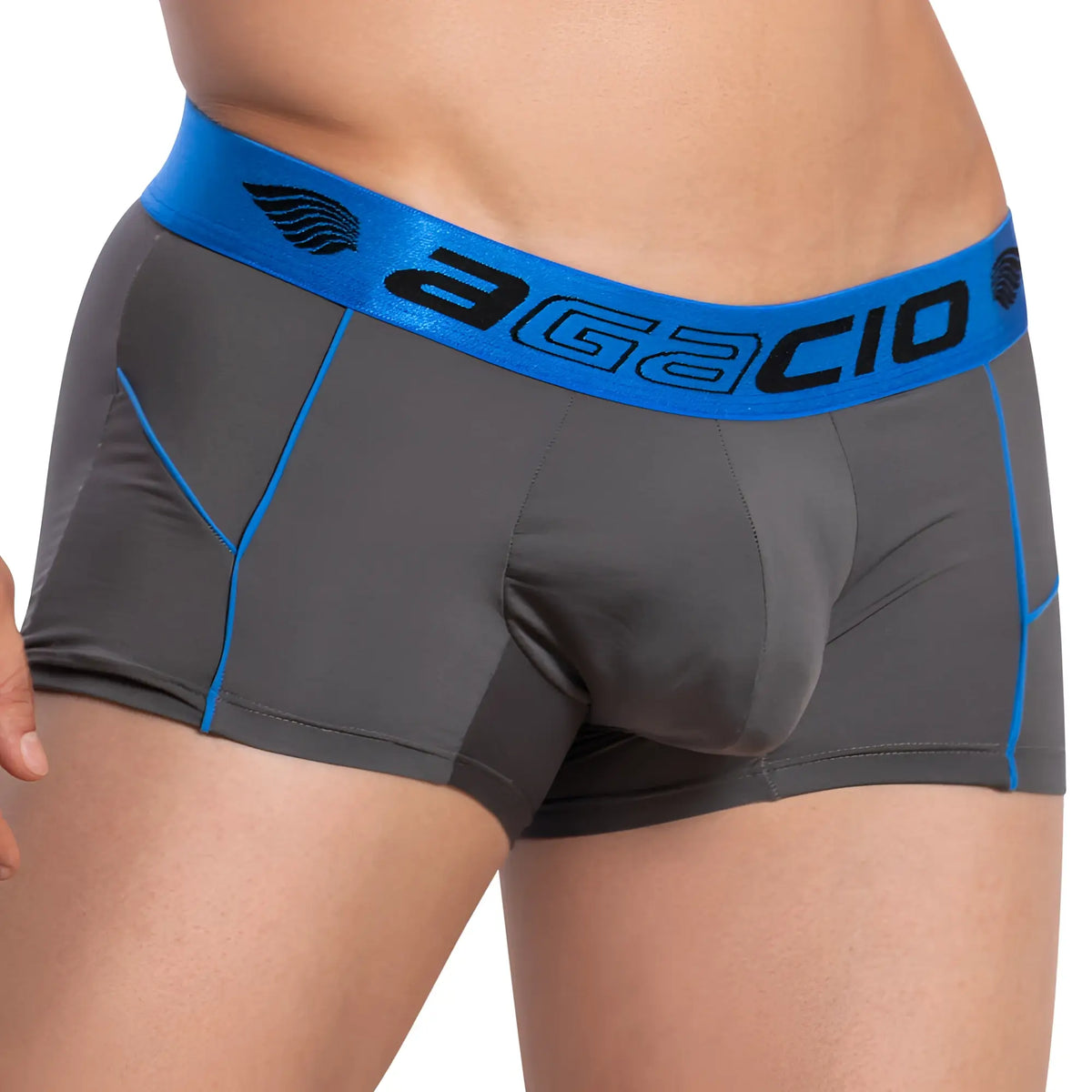 Gray athletic briefs with bright blue agacio waistband in black lettering pouch boxer trunk for active wear