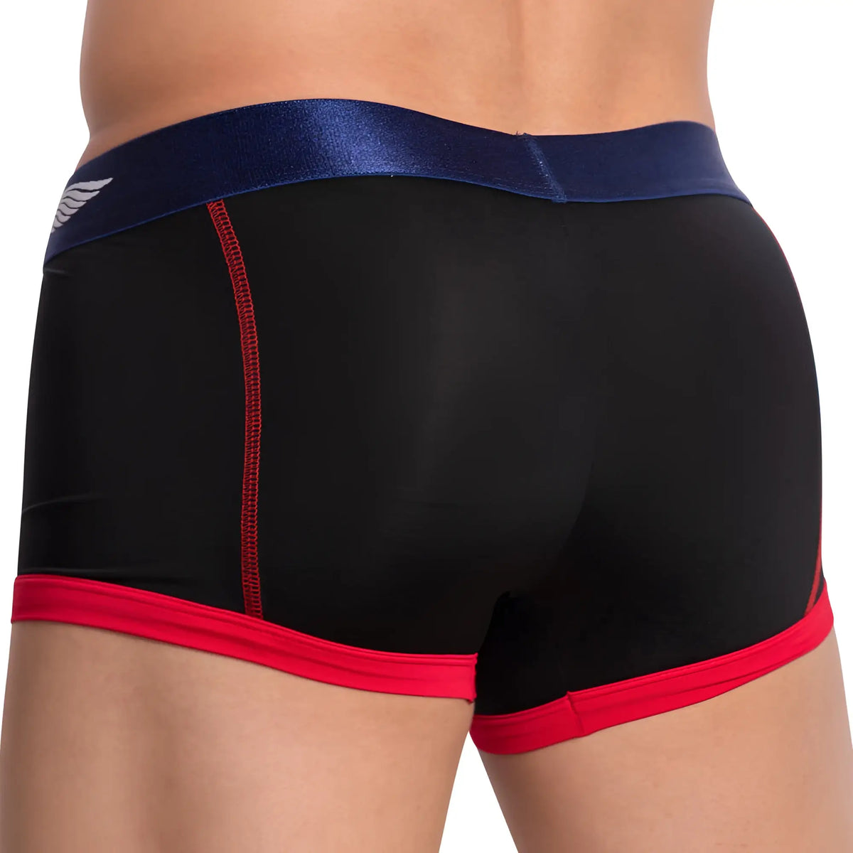 Black agacio AGG063 stretch boxer trunk with navy satin waistband red trim and white wing logo on the side