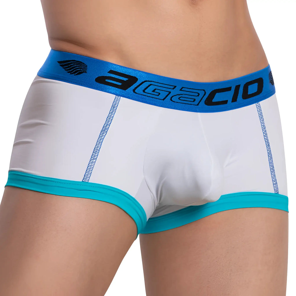 White agacio agg063 stretch boxer trunk briefs with blue waistband and teal trim for men
