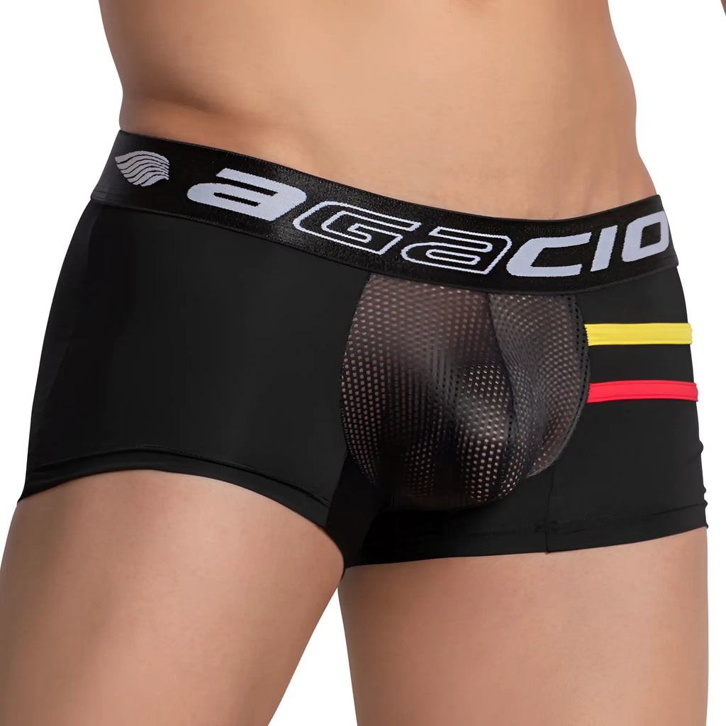 Black agacio agg064 boxer trunk briefs with mesh panel featuring yellow and red side stripes