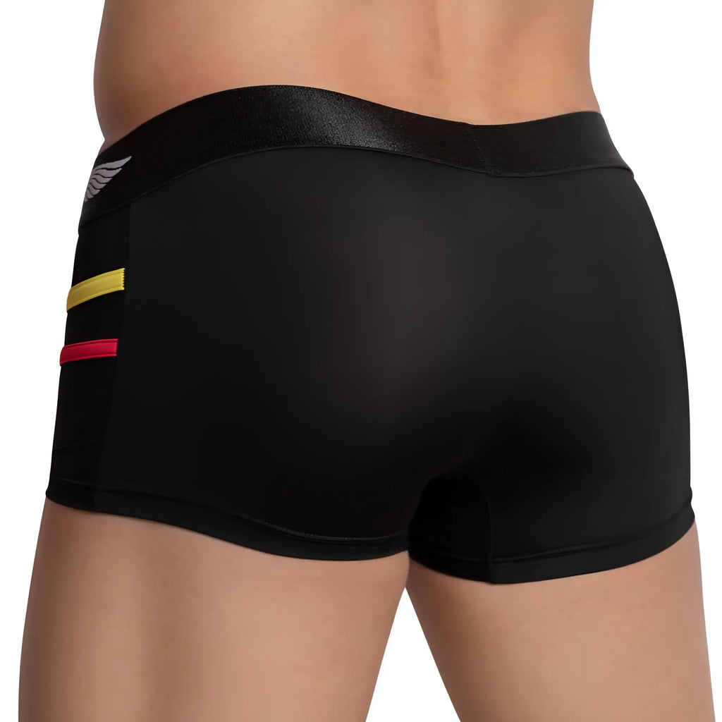 Black menâ€™s Agacio AGG064 boxer trunk with shiny waistband, yellow and red side stripes, and small white wing logo
