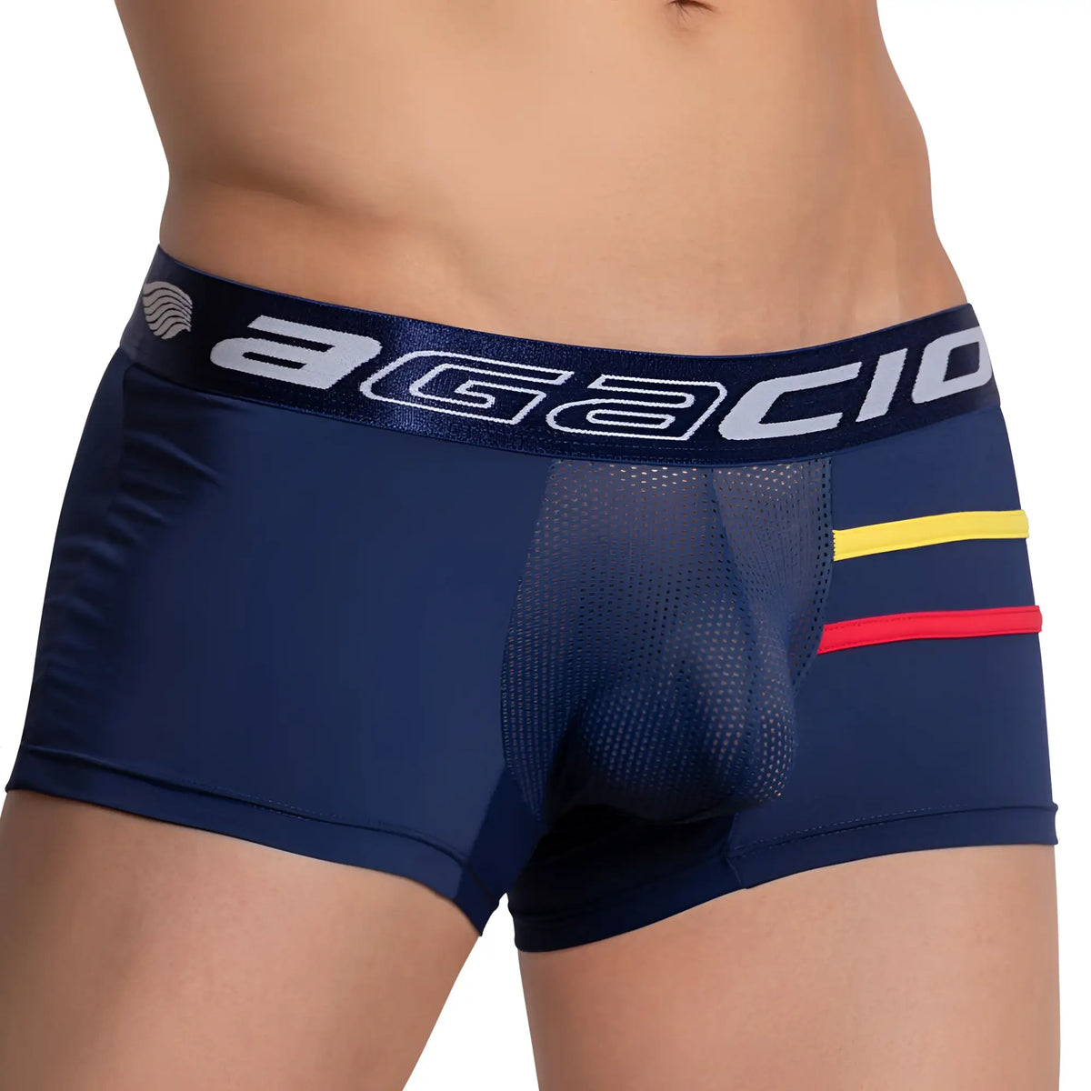Navy blue agacio AGG064 menâ€™s boxer trunks with mesh panel and yellow-red accent stripes for breathability