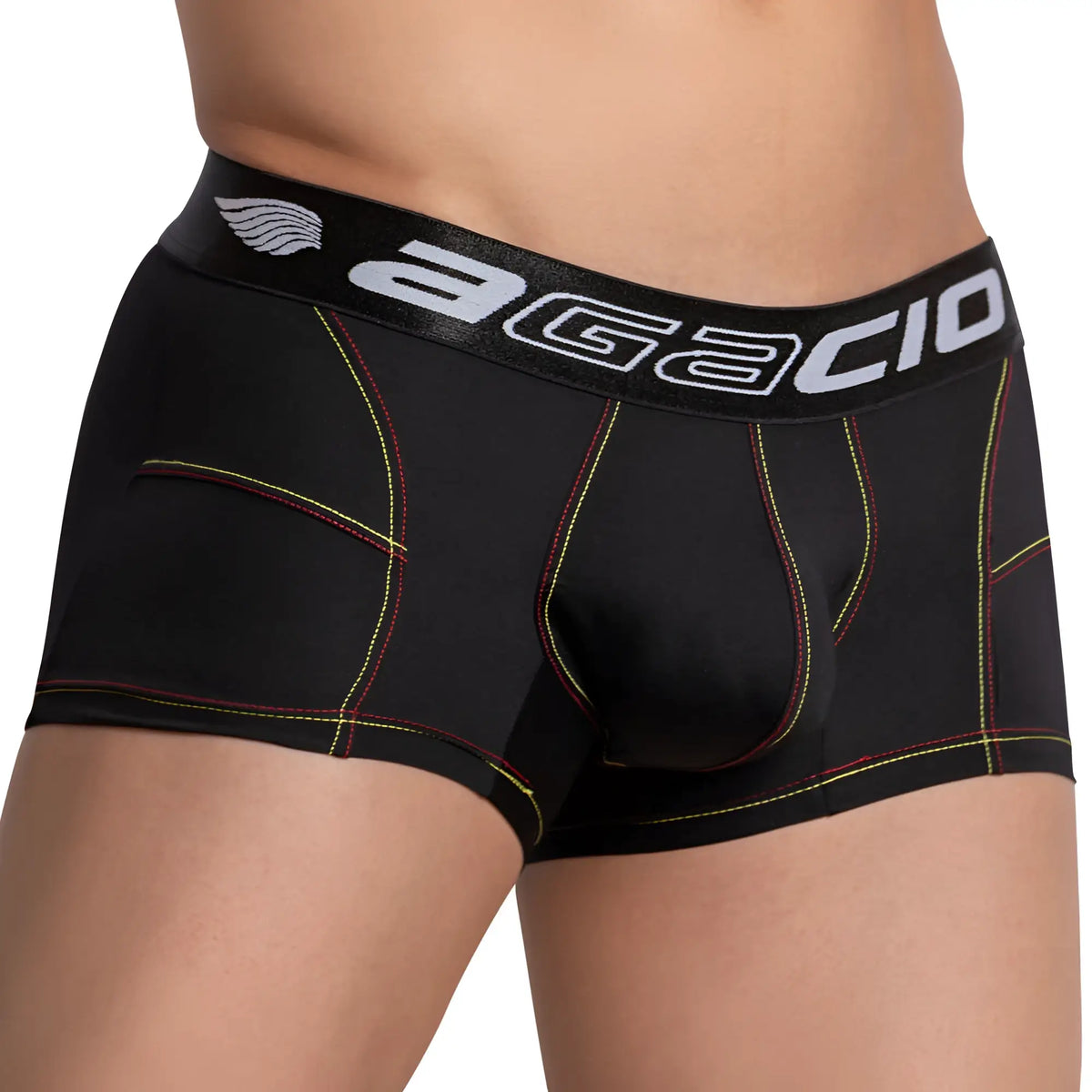 Black agacio agg065 bulgy box boxer trunk with sleek elastic waistband white branding and red yellow seam stitching