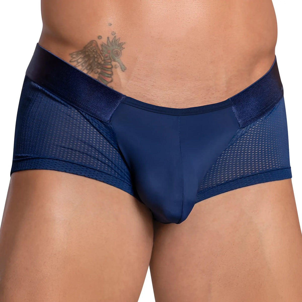 Navy blue agacio agg067 sheer sides boxer trunk with mesh satin fabric and velvet waistband