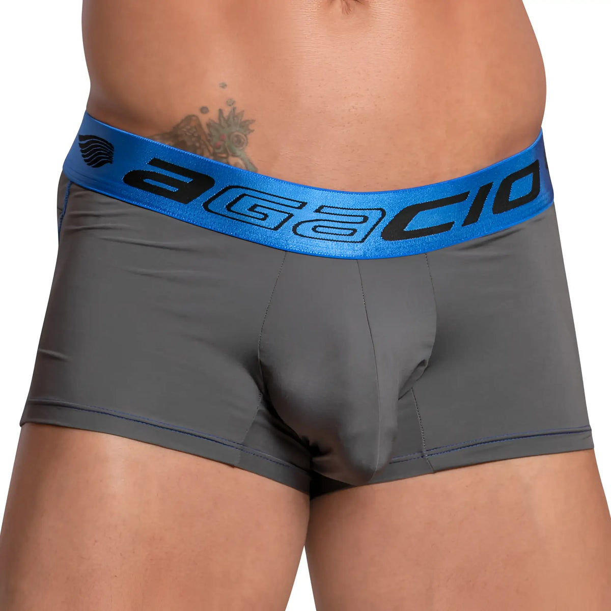 Gray agacio agg068 neon waistband boxer trunk briefs with bold blue waistband and black brand name lettering
