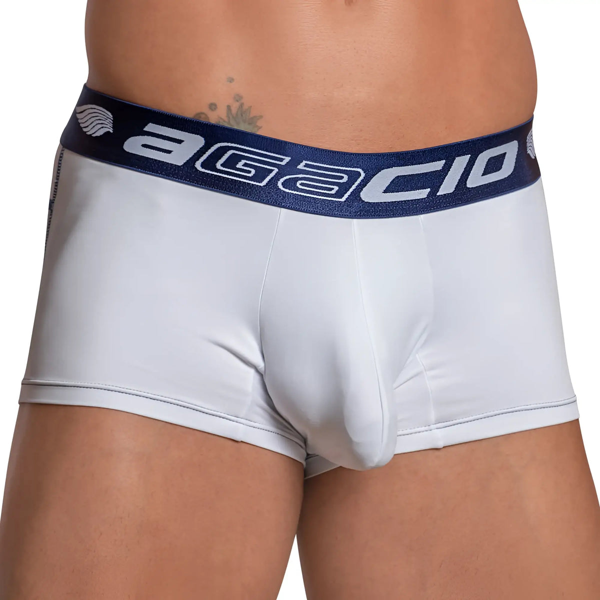 White agacio menâ€™s briefs with navy blue elastic waistband featuring agacio branding in white lettering