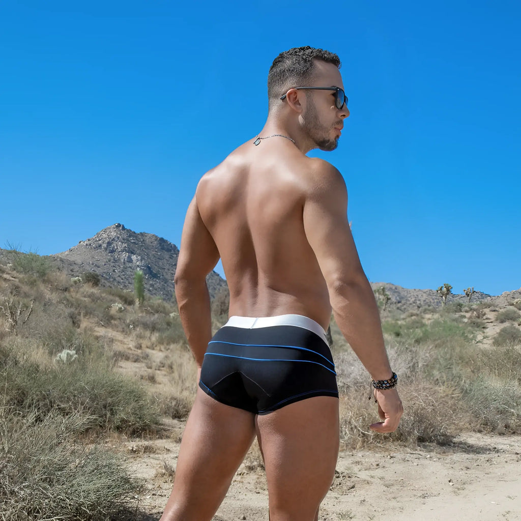 Black agacio agg069 bulge pouch boxer trunk swim trunks with white and blue trim for comfortable swimwear use