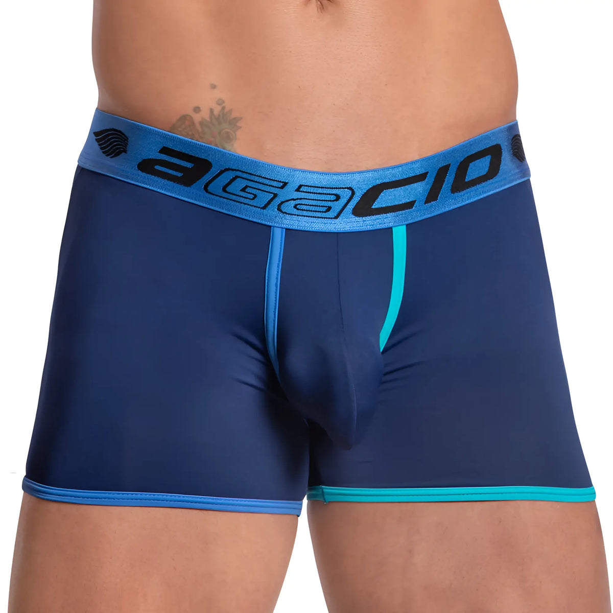 Navy blue Agacio AGG072 tri-color sports boxer briefs with teal and light blue trim for athletic wear