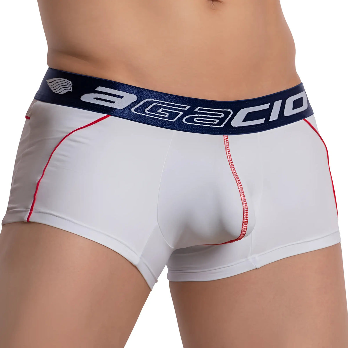 White agacio menâ€™s briefs with navy blue waistband red stitching featuring centerseam bulge design