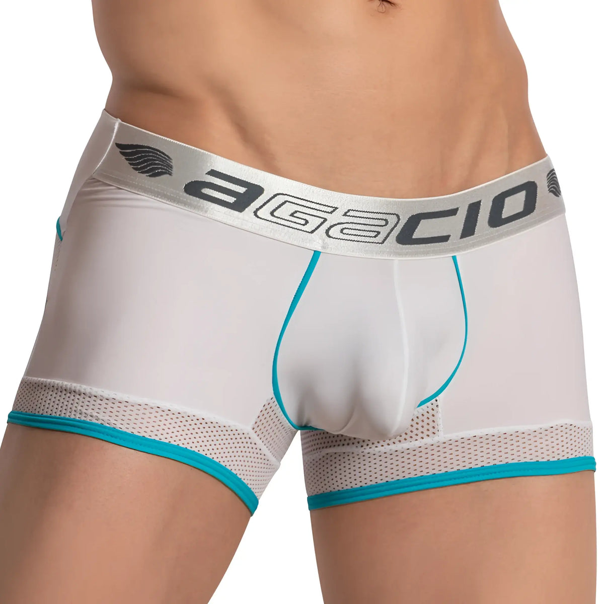 White agacio menâ€™s boxer briefs with sturdy bulge pouch teal trim and mesh panels for support and comfort