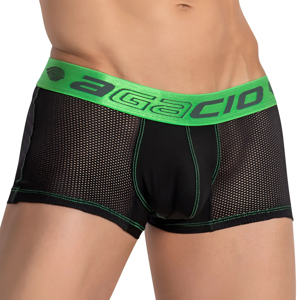 Black mesh agacio AGG077 boxer trunk with bright green waistband and fishnet sides for breathable comfort