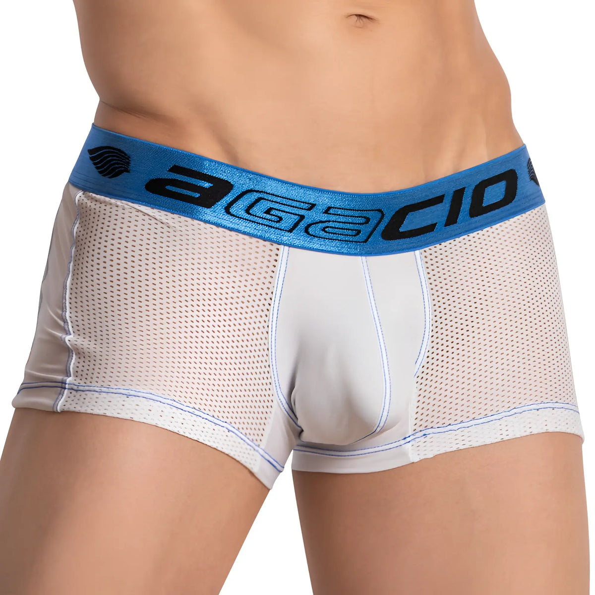 Agacio agg077 fishnet sides boxer trunk white mesh briefs with blue elastic waistband and agacio branding