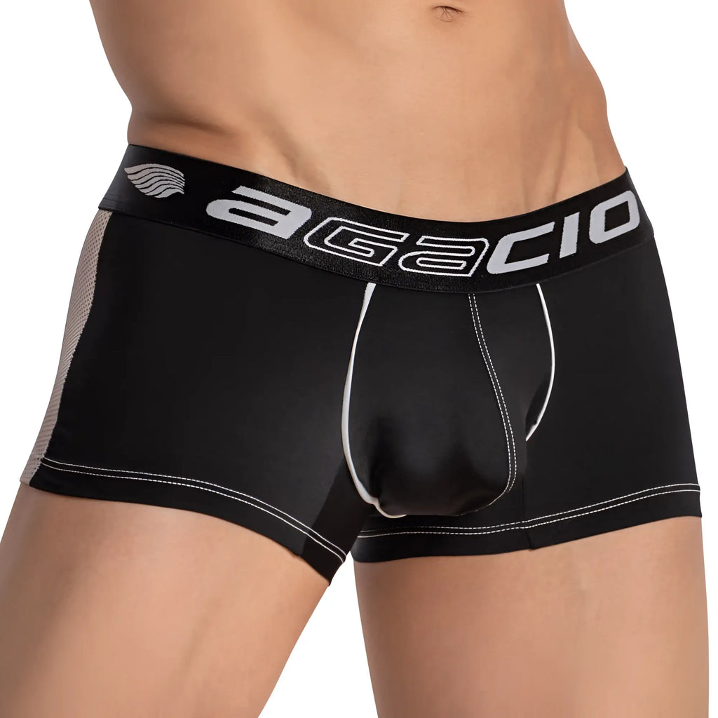 Black agacio agg078 sheer back boxer trunk with white stitching and mesh side panel showing the back side