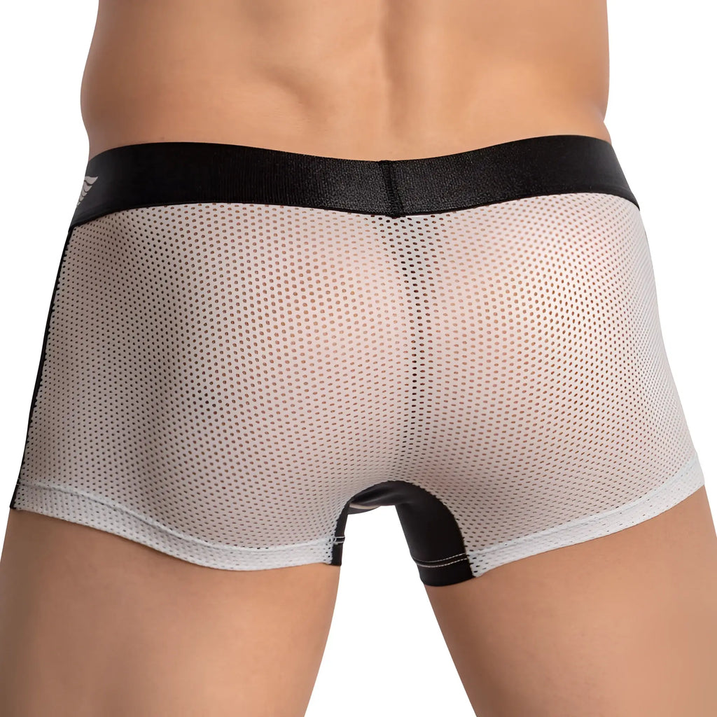 Agacio agg078 sheer back boxer trunk in black and white mesh with a sleek modern design showing the back side