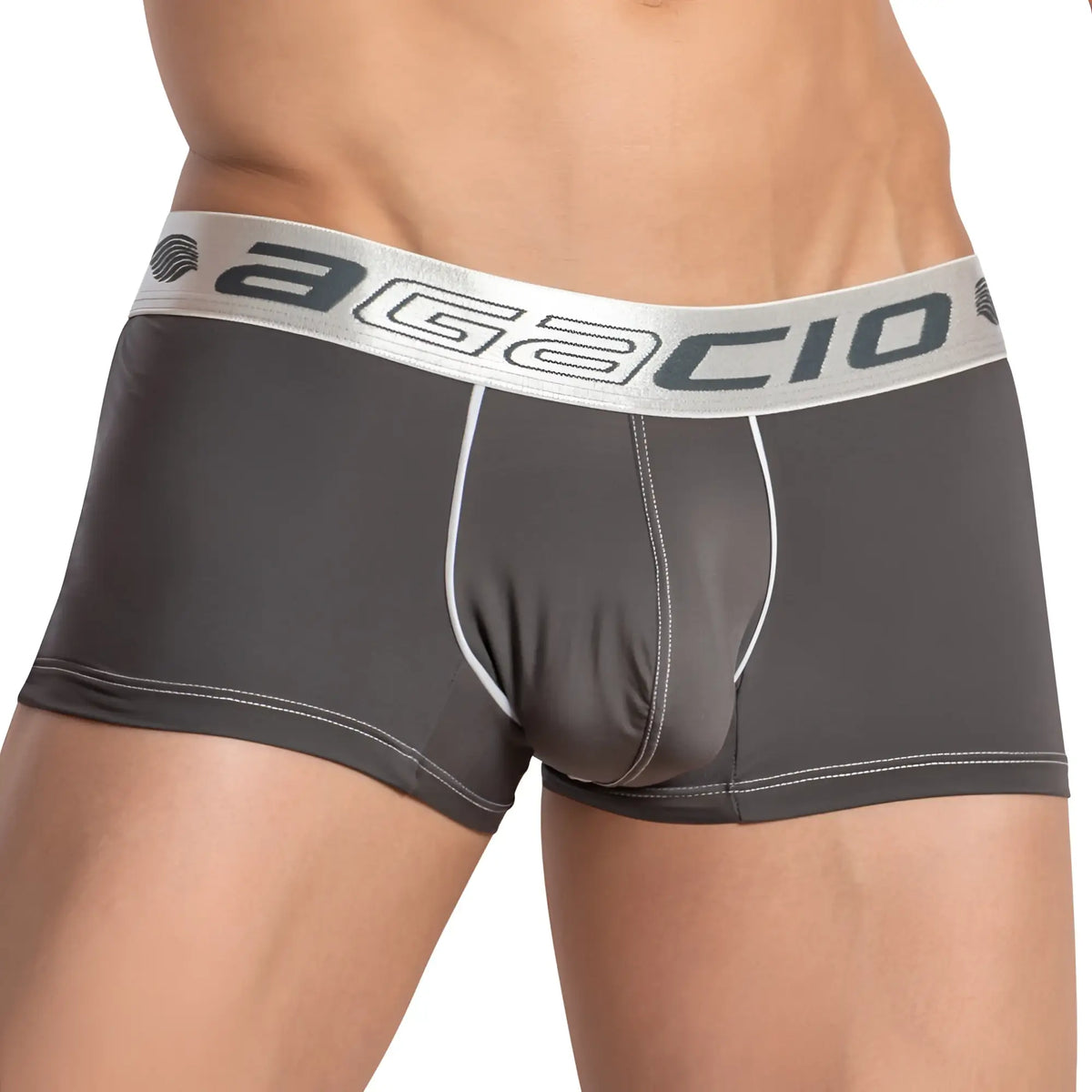 Gray agacio menâ€™s briefs with sheer back boxer trunk design silver waistband with bold brand name and white stitching