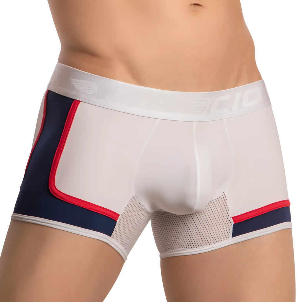 Agacio agg080 multi color bulge boxer trunk in white navy blue and red with mesh side panel athletic boxer briefs