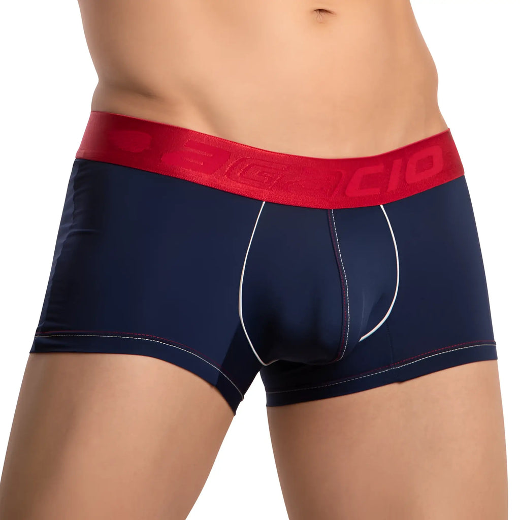 Navy blue agacio agg081 piping design boxer trunk with red boncio waistband and subtle white stitching along seams