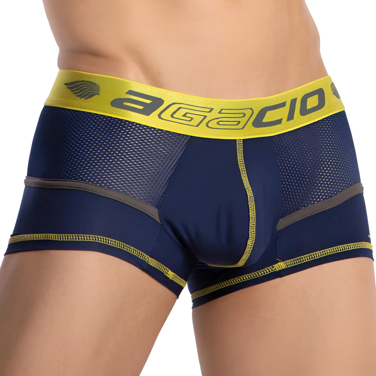 Agacio agg083 multi color piping navy blue and yellow menâ€™s boxer briefs with mesh panels and elastic waistband