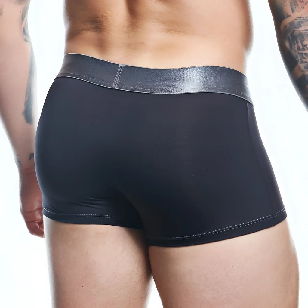 Black Agacio AGG088 boxer trunk briefs with sleek metallic gray waistband designed for comfortable everyday wear