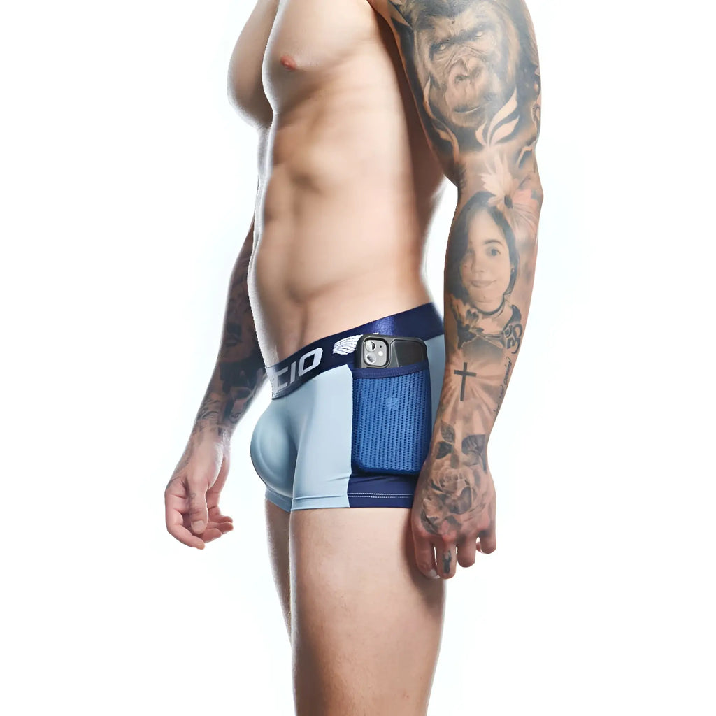 Agacio agg089 boxer trunk in light blue and navy with textured mesh side panel and integrated phone pocket with black strap